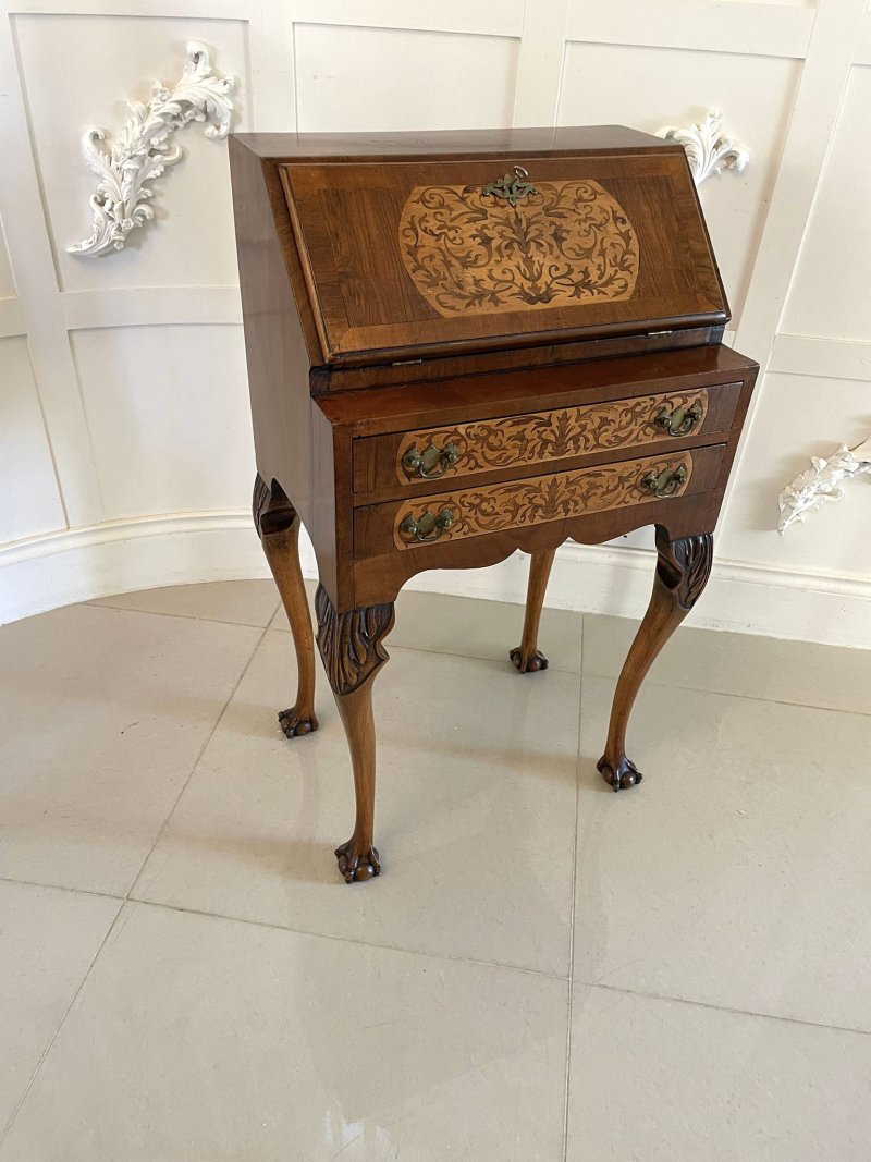 Unusual Antique Burr Walnut Marquetry Inlaid Bureau